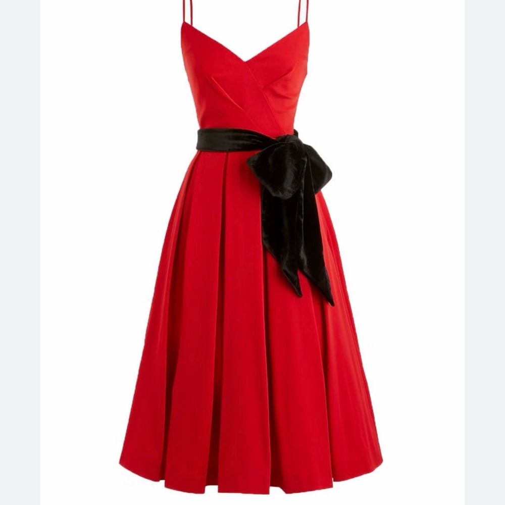 J. Crew Red V-Neck Midi Dress with Black Sash